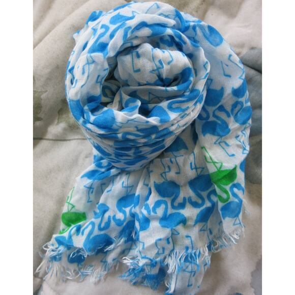 FLAMINGO Scarf Women's Light Weight Fringe White Green Blue 20x71 Beach Summer - Picture 1 of 6